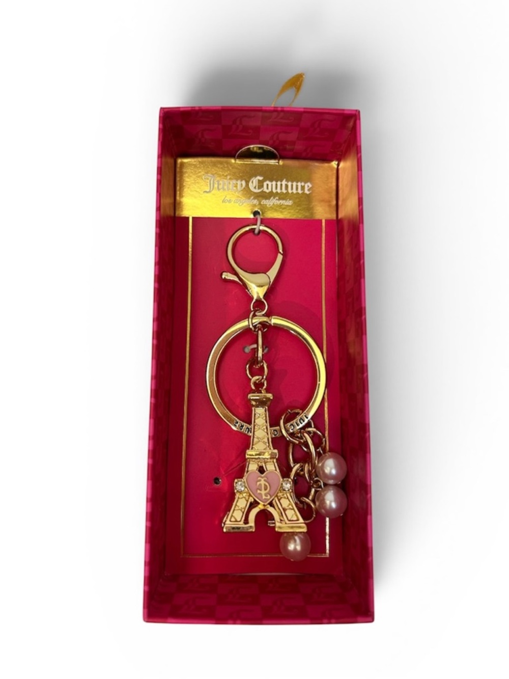 Juicy Couture Eiffel Tower Bag Charm Keychain Pink Gold-tone Pearls Bling Y2K